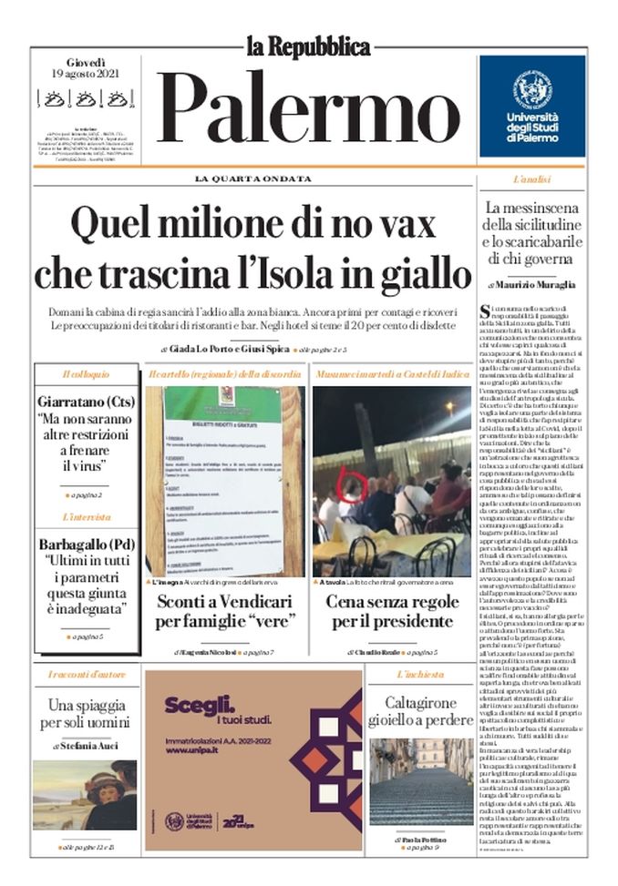 Prima Pagina, La Repubblica: “Quel milione di no vax che trascina l’Isola in giallo” 