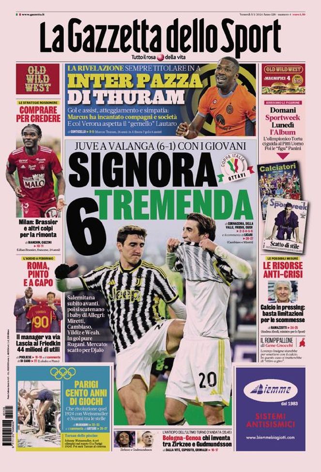 La prima pagina de La Gazzetta dello Sport 05/01/2024