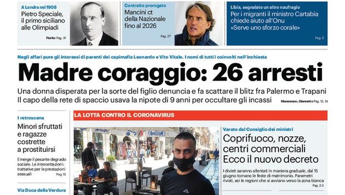 Prima Pagina, Giornale di Sicilia: “Madre coraggio: 26 arresti. Da Palermo e Taormina, il giallo attrae i turisti” Prima Pagina, Giornale di Sicilia: “Madre coraggio: 26 arresti. Da Palermo e Taormina, il giallo attrae i turisti”