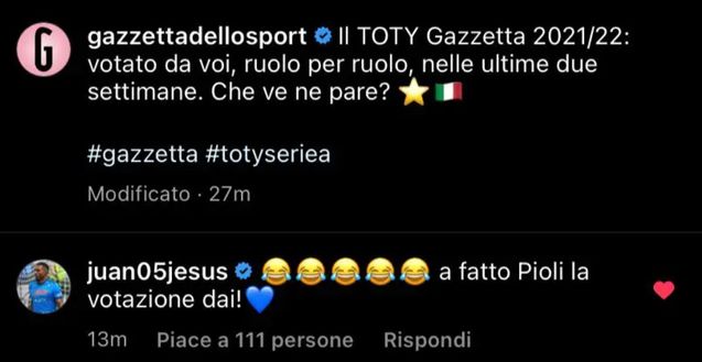 Commento di Juan Jesus alla Top 11 di Gazzetta
