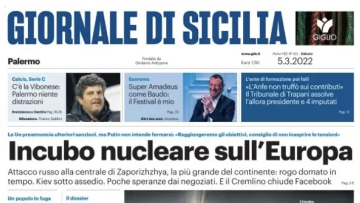Prima Pagina, Giornale di Sicilia: “Incubo nucleare sull’Europa. Allarme medici” prima pagina