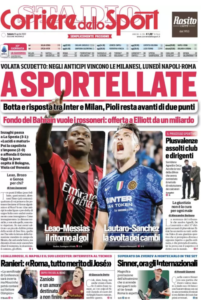 Prima Pagina, Corriere dello Sport: “Scudetto, botta e risposta tra Inter e Milan” prima pagina