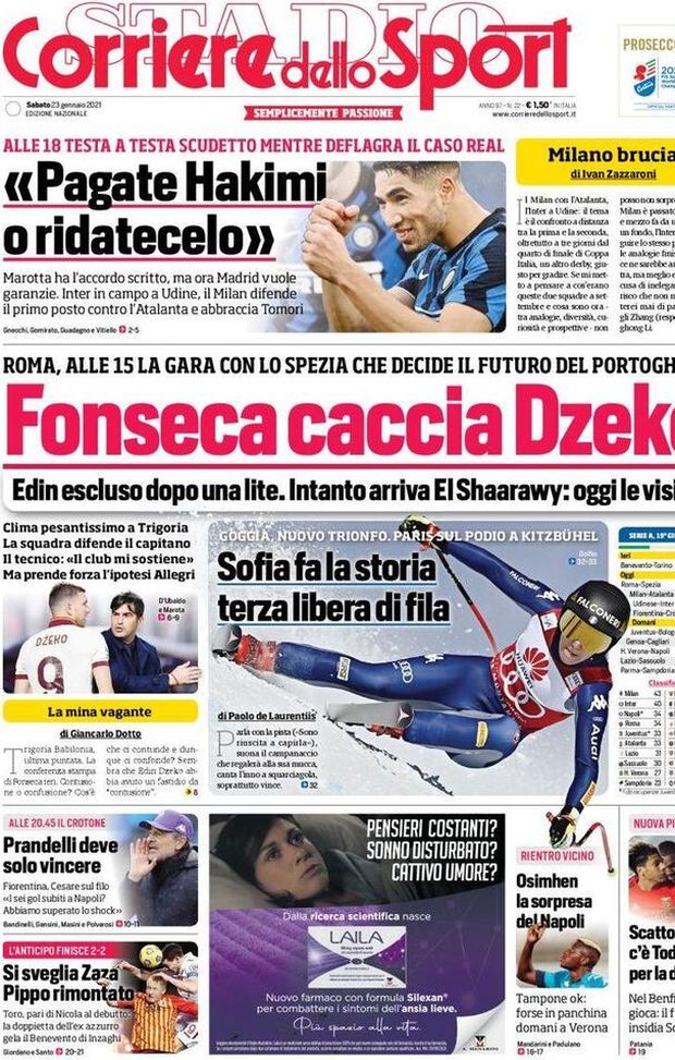 La prima pagina del Corriere dello Sport,, in edicola oggi, 23 gennaio 2021 