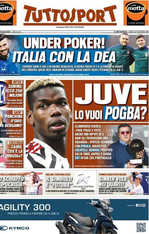 Prima Pagina, Tuttosport: “Under poker! Italia con la Dea. Juve, lo vuoi Pogba?” Prima Pagina, Tuttosport: “Under poker! Italia con la Dea. Juve, lo vuoi Pogba?”
