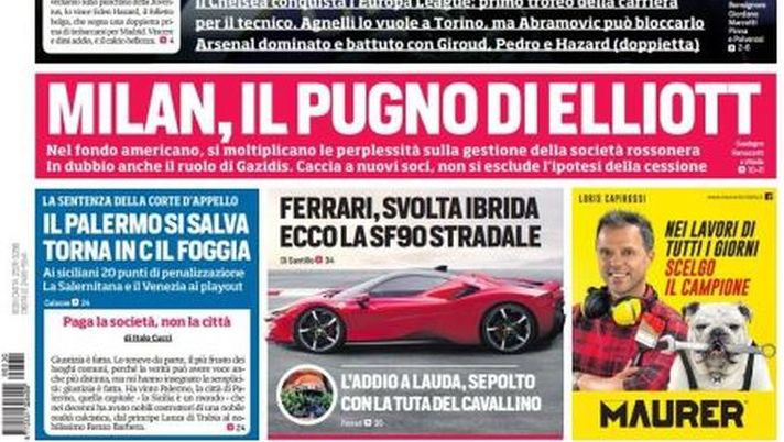 Prima Pagina, Corriere dello Sport: &#8220;Sarriball. Il Palermo si salva. Milan, il pugno di Elliott&#8221; 