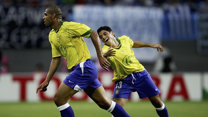 LEIPZIG, GERMANY - JUNE 12: Adriano and Cicinho of Brazil celebrate the first goal during the FIFA Confederations Cup 2005 Match between Brazil and Greece on June 16, 2005 in Leipzig, Germany. (Photo by Christian Fischer/Bongarts/Getty Images) LEIPZIG, GERMANY - JUNE 12: Adriano and Cicinho of Brazil celebrate the first goal during the FIFA Confederations Cup 2005 Match between Brazil and Greece on June 16, 2005 in Leipzig, Germany. (Photo by Christian Fischer/Bongarts/Getty Images)