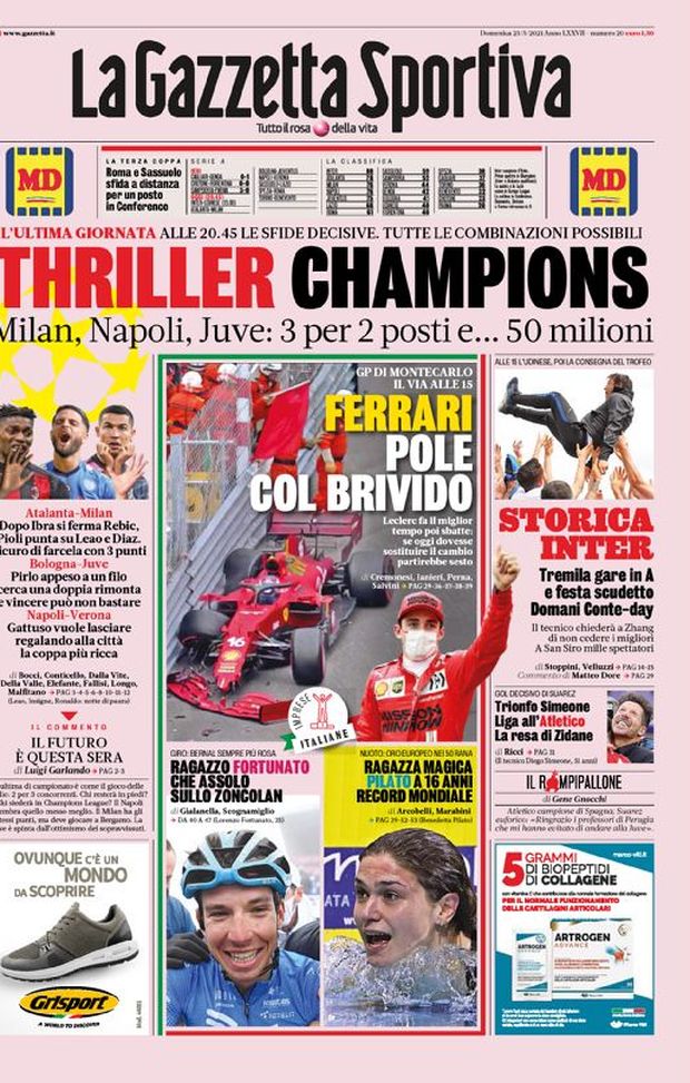 Prima Pagina, La Gazzetta dello Sport: “Thriller Champions. Milan, Napoli, Juve: 3 per 2 posti e… 50 milioni” Prima Pagina, La Gazzetta dello Sport: “Thriller Champions. Milan, Napoli, Juve: 3 per 2 posti e… 50 milioni”