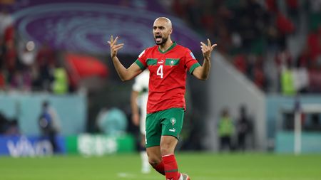 DOHA, QATAR - DECEMBER 10: Sofyan Amrabat of Morocco reacts during the FIFA World Cup Qatar 2022 quarter final match between Morocco and Portugal at Al Thumama Stadium on December 10, 2022 in Doha, Qatar. (Photo by Francois Nel/Getty Images)