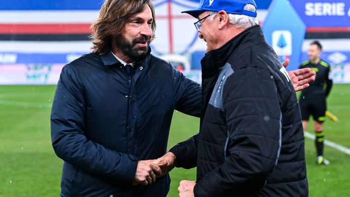GENOA, ITALY JANUARY 30: Claudio Ranieri head coach of UC Sampdoria and Andrea Pirlo head coach of Juventus before the Serie A match between UC Sampdoria and Juventus- Serie A at Stadio Luigi Ferraris on January 30, 2021 in Genoa, Italy. (Photo by Paolo Rattini/Getty Images) GENOA, ITALY JANUARY 30: Claudio Ranieri head coach of UC Sampdoria and Andrea Pirlo head coach of Juventus before the Serie A match between UC Sampdoria and Juventus- Serie A at Stadio Luigi Ferraris on January 30, 2021 in Genoa, Italy. (Photo by Paolo Rattini/Getty Images)