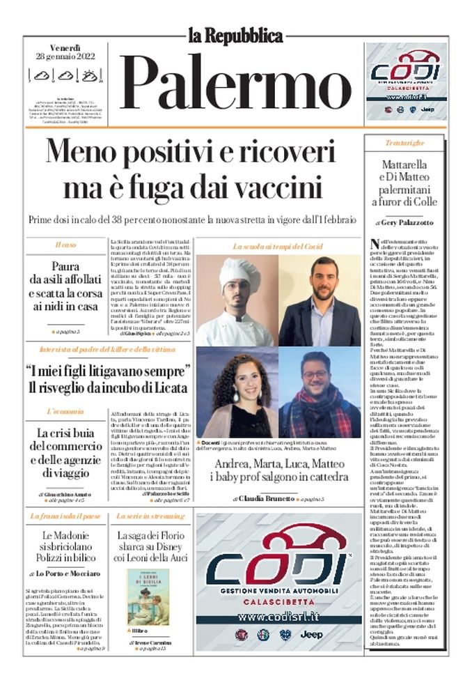 Prima Pagina, La Repubblica-Palermo: “Meno positivi e ricoveri ma è fuga dai vaccini” Prima Pagina
