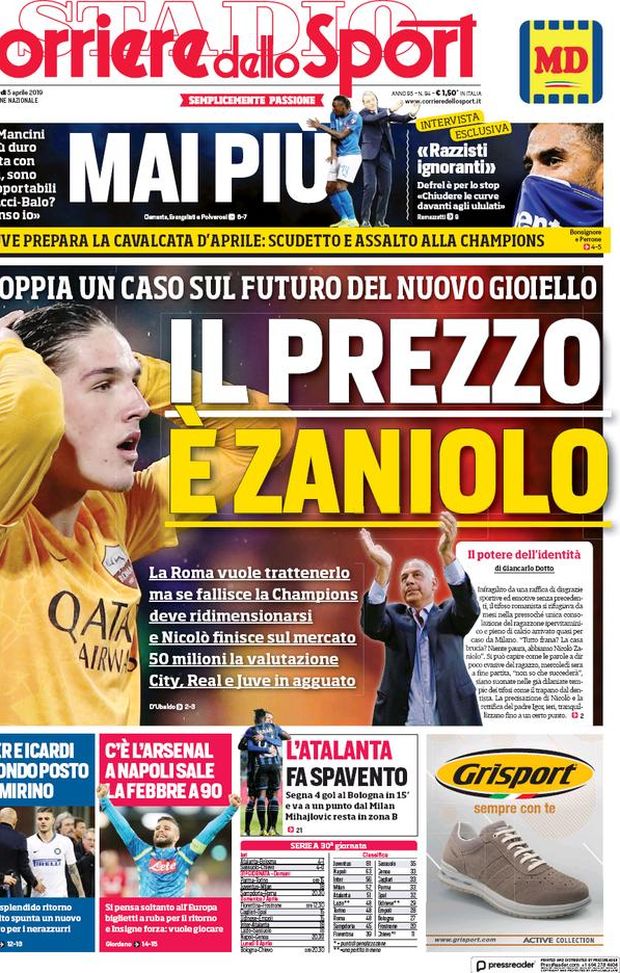 Prima Pagina, Corriere dello Sport: “Il prezzo è Zaniolo. Mai più. Napoli, febbre a 90”  Prima Pagina, Corriere dello Sport: “Il prezzo è Zaniolo. Mai più. Napoli, febbre a 90”