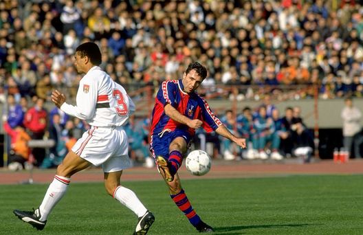13 Dec 1992: Hristo Stoichkov (right) of Barcelona and Adilson of Sao Paulo in action during a Toyota European Cup match. Sao Paulo won the match 2-1. Mandatory Credit: Shaun Botterill/Allsport 13 Dec 1992: Hristo Stoichkov (right) of Barcelona and Adilson of Sao Paulo in action during a Toyota European Cup match. Sao Paulo won the match 2-1. Mandatory Credit: Shaun Botterill/Allsport