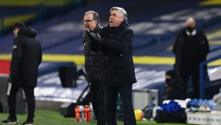 LEEDS, ENGLAND - FEBRUARY 03: Carlo Ancelotti, Manager of Everton reacts during the Premier League match between Leeds United and Everton at Elland Road on February 03, 2021 in Leeds, England. Sporting stadiums around the UK remain under strict restrictions due to the Coronavirus Pandemic as Government social distancing laws prohibit fans inside venues resulting in games being played behind closed doors. (Photo by Michael Regan/Getty Images) LEEDS, ENGLAND - FEBRUARY 03: Carlo Ancelotti, Manager of Everton reacts during the Premier League match between Leeds United and Everton at Elland Road on February 03, 2021 in Leeds, England. Sporting stadiums around the UK remain under strict restrictions due to the Coronavirus Pandemic as Government social distancing laws prohibit fans inside venues resulting in games being played behind closed doors. (Photo by Michael Regan/Getty Images)