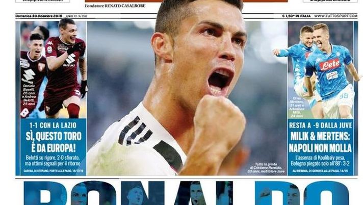 Prima Pagina, Tuttosport: &#8220;Ronaldo uomo dell&#8217;anno. Questo Toro è da Europa. Riecco Higuain&#8230;&#8221; 
