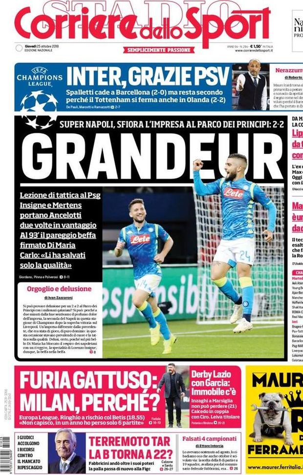 Prima Pagina, Corriere dello Sport: “Grandeur. Inter, grazie PSV. Furia Gattuso. Terremoto Tar, la B torna a 22?” Prima Pagina, Corriere dello Sport: “Grandeur. Inter, grazie PSV. Furia Gattuso. Terremoto Tar, la B torna a 22?”