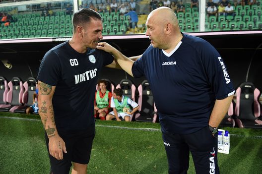 PALERMO, ITALY - AUGUST 06: Head coaches Gaetano D'Agostino (L) of Virtus Francavilla and Bruno Tedino of Palermo greet each other during the Tim Cup match between US Citta' di Palermo and Virtus Francavilla at Renzo Barbera Stadium on August 6, 2017 in Palermo, Italy. (Photo by Tullio M. Puglia/Getty Images) PALERMO, ITALY - AUGUST 06: Head coaches Gaetano D'Agostino (L) of Virtus Francavilla and Bruno Tedino of Palermo greet each other during the Tim Cup match between US Citta' di Palermo and Virtus Francavilla at Renzo Barbera Stadium on August 6, 2017 in Palermo, Italy. (Photo by Tullio M. Puglia/Getty Images)