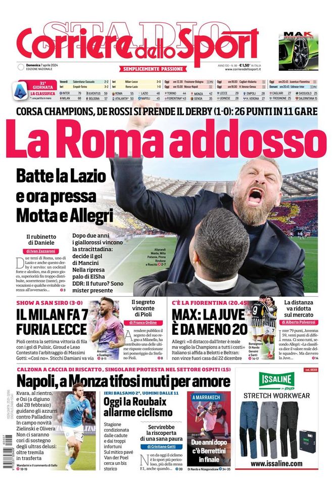 EDICOLA / CdS: Corsa CL, la Roma addosso: vince il derby e pressa Motta e Allegri - immagine 1