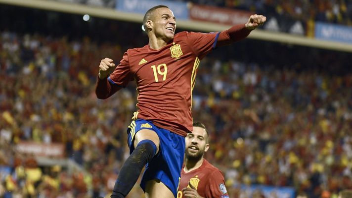 Spain's forward Rodrigo Moreno celebrates after scoring a goal during the World Cup 2018 qualifier football match Spain vs Albania at the Jose Rico Perez stadium in Alicante on October 6, 2017.  / AFP PHOTO / JOSE JORDAN        (Photo credit should read JOSE JORDAN/AFP/Getty Images) 