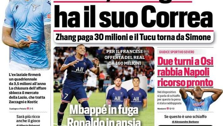 Prima Pagina, Corriere dello Sport: “Inter, Inzaghi ha il suo Correa” Prima Pagina, Corriere dello Sport: “Inter, Inzaghi ha il suo Correa”