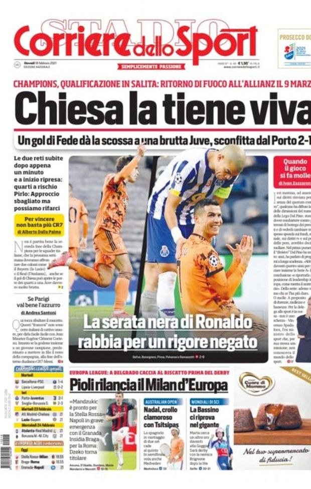 Prima Pagina, Corriere dello Sport: “Chiesa la tiene viva. La serata nera di Ronaldo, rabbia per un rigore negato” Prima Pagina, Corriere dello Sport: “Chiesa la tiene viva. La serata nera di Ronaldo, rabbia per un rigore negato”