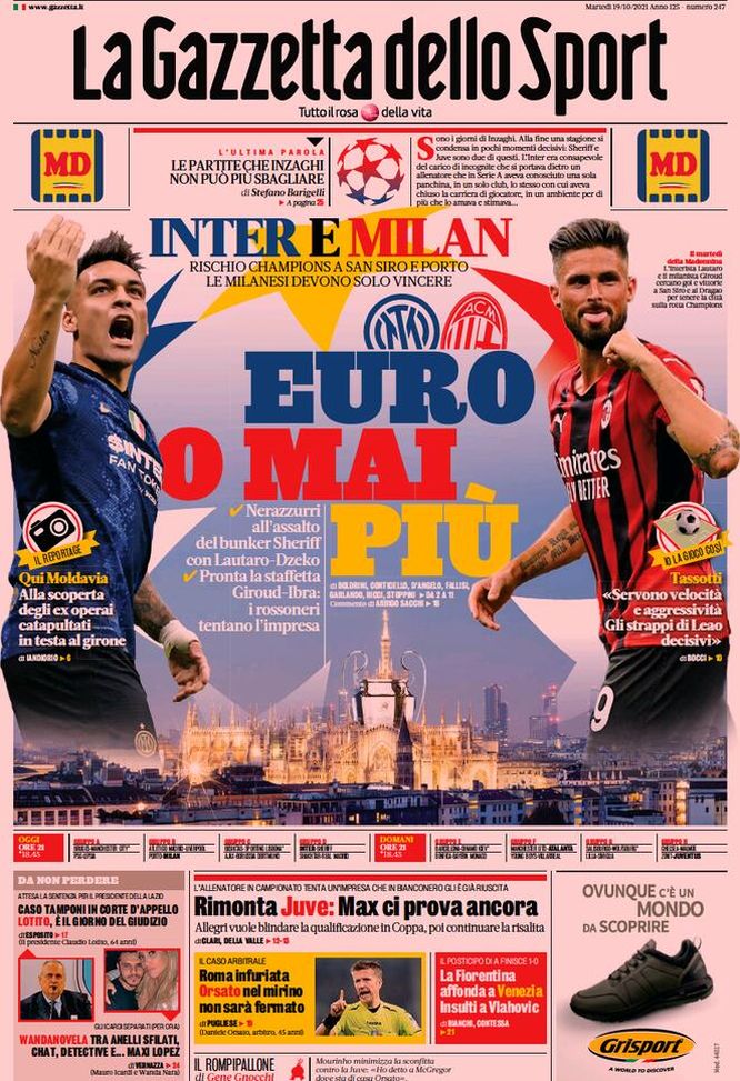 Prima Pagina, La Gazzetta dello Sport: “Inter e Milan, Euro o mai più” Prima Pagina
