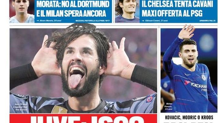 Prima Pagina, Tuttosport: &#8220;Juve, Isco per l&#8217;estate. Dal Real un asso per l&#8217;Inter. Morata, il Milan spera ancora&#8230;&#8221; 