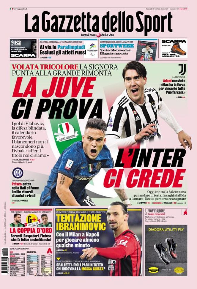 Prima Pagina, La Gazzetta dello Sport: “La Juve ci prova. L’Inter ci crede”  Prima Pagina, La Gazzetta dello Sport: “La Juve ci prova. L’Inter ci crede” - immagine 1