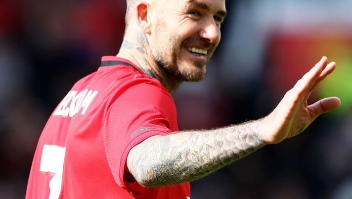 MANCHESTER, ENGLAND - MAY 26: David Beckham of Manchester United '99 Legends looks on after the Manchester United '99 Legends and FC Bayern Legends match at Old Trafford on May 26, 2019 in Manchester, England. (Photo by Matthew Lewis/Getty Images) 