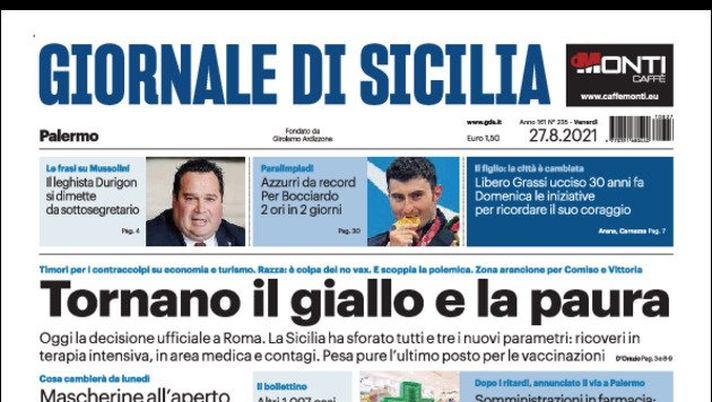 Prima Pagina, Giornale di Sicilia: “Tornano il giallo e la paura” Prima Pagina, Giornale di Sicilia: “Tornano il giallo e la paura”