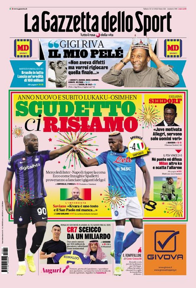 La Gazzetta dello Sport, la prima pagina di oggi, sabatoì 31 dicembre 2022