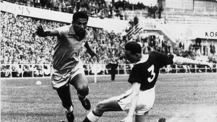 Brazilian outside right Garrincha and Welsh player Hopkins fight for possession of the ball during the World Cup quarter final at Gothenburg in Sweden. Brazil won by 1 goal to nil, thus assuring their place in the semi-finals. (Photo by Central Press/Getty Images) Brazilian outside right Garrincha and Welsh player Hopkins fight for possession of the ball during the World Cup quarter final at Gothenburg in Sweden. Brazil won by 1 goal to nil, thus assuring their place in the semi-finals. (Photo by Central Press/Getty Images)