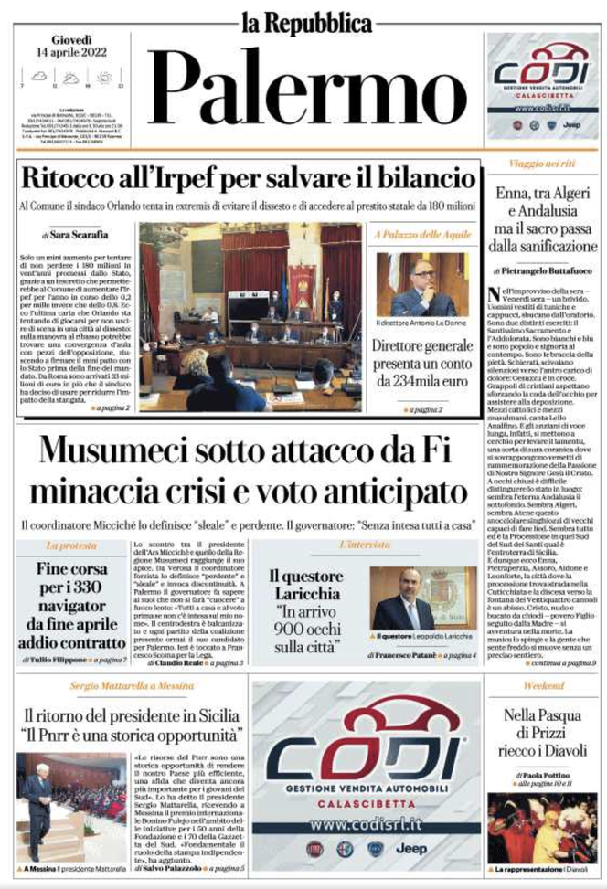 Prima Pagina, La Repubblica: “Musumeci sotto attacco. Ritocco all’Irpef per bilancio” prima pagina