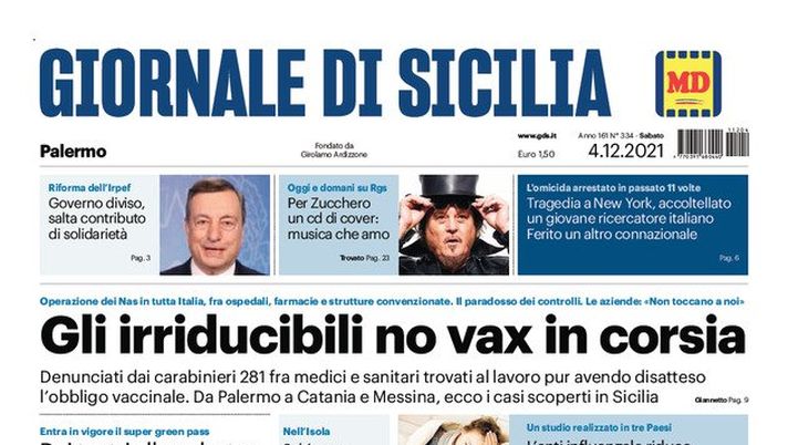 Prima Pagina, Giornale di Sicilia: “Gli irriducibili no vax in corsia”  Prima Pagina, Giornale di Sicilia: “Gli irriducibili no vax in corsia” - immagine 1