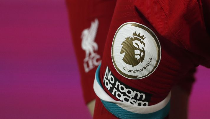 LEEDS, ENGLAND - APRIL 19: A detailed view of the Premier League logo on the sleeve of Andrew Robertson of Liverpool shirt during the Premier League match between Leeds United and Liverpool at Elland Road on April 19, 2021 in Leeds, England. Sporting stadiums around the UK remain under strict restrictions due to the Coronavirus Pandemic as Government social distancing laws prohibit fans inside venues resulting in games being played behind closed doors. (Photo by Lee Smith - Pool/Getty Images) LEEDS, ENGLAND - APRIL 19: A detailed view of the Premier League logo on the sleeve of Andrew Robertson of Liverpool shirt during the Premier League match between Leeds United and Liverpool at Elland Road on April 19, 2021 in Leeds, England. Sporting stadiums around the UK remain under strict restrictions due to the Coronavirus Pandemic as Government social distancing laws prohibit fans inside venues resulting in games being played behind closed doors. (Photo by Lee Smith - Pool/Getty Images)