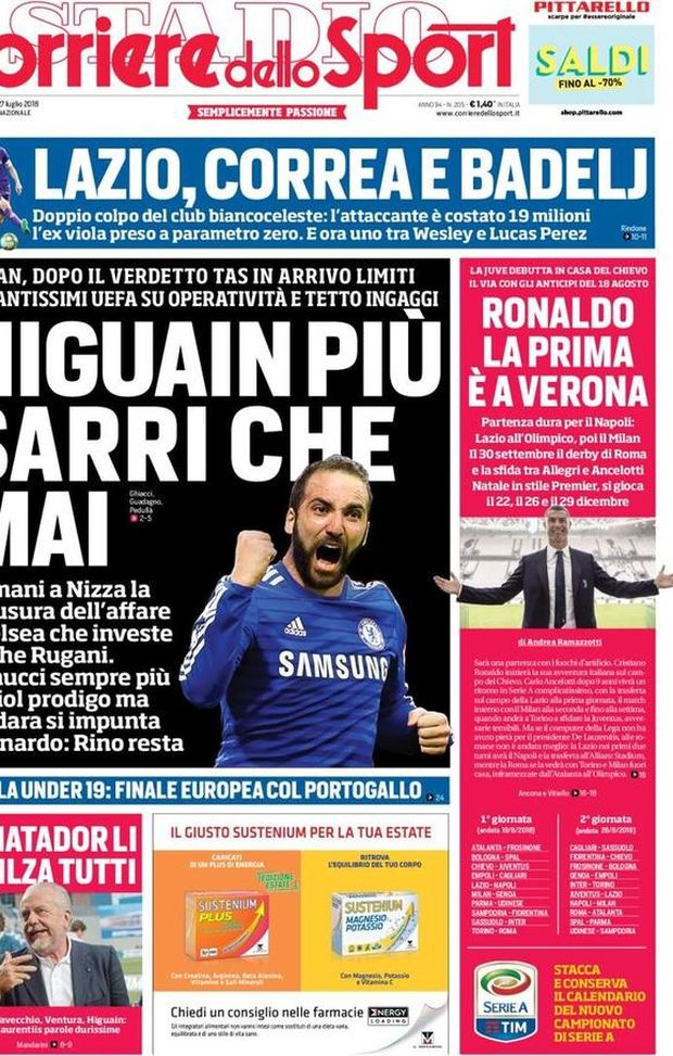 Prima Pagina, Corriere dello Sport: “Ronaldo, la prima è a Verona. Natale in stile Premier. Favola Under 19…” Prima Pagina, Corriere dello Sport: “Ronaldo, la prima è a Verona. Natale in stile Premier. Favola Under 19…”
