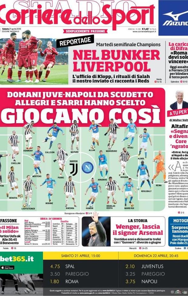 Prima Pagina, Corriere dello Sport: “Allegri e Sarri hanno scelto così. Altafini: ‘Segnai e divenni core ‘ngrato’. Wenger, lascia il signor Arsenal…” Prima Pagina, Corriere dello Sport: “Allegri e Sarri hanno scelto così. Altafini: ‘Segnai e divenni core ‘ngrato’. Wenger, lascia il signor Arsenal…”