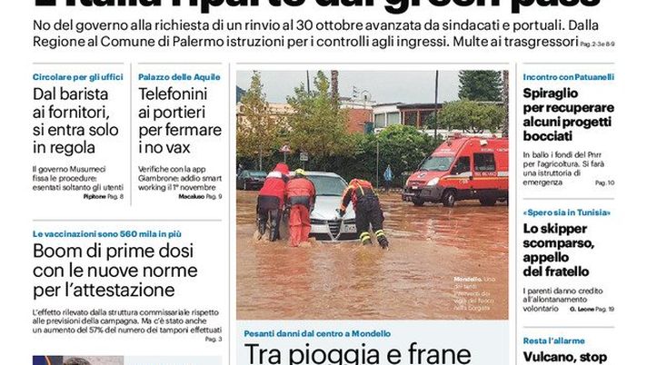 Prima Pagina, Giornale di Sicilia: “L’Italia riparte dal green pass” Prima Pagina