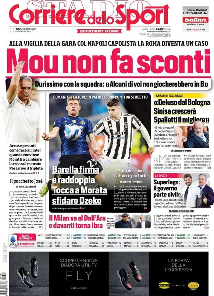 Prima Pagina, Corriere dello Sport: “Mou non fa sconti, Inter-Juve da scudetto”  Prima Pagina, Corriere dello Sport: “Mou non fa sconti, Inter-Juve da scudetto” - immagine 1