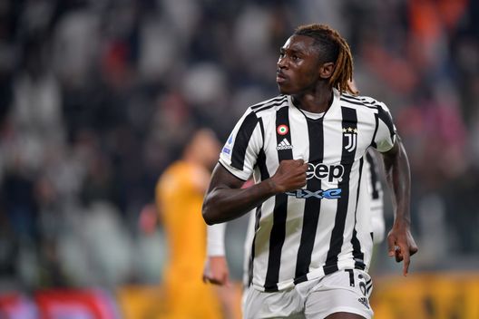 TURIN, ITALY - OCTOBER 17: Juventus player Moise Kean during the Serie A match between Juventus and AS Roma at Allianz Stadium on October 17, 2021 in Turin, Italy. (Photo by Daniele Badolato - Juventus FC/Juventus FC via Getty Images )