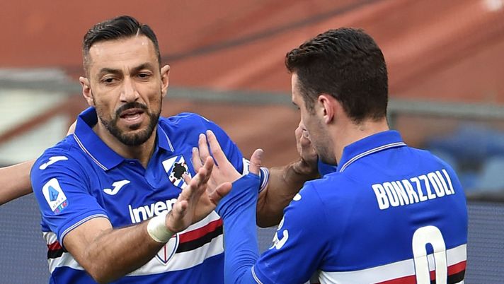 GENOA, ITALY - MARCH 08: Fabio Quagliarella of UC Sampdoria celebrates with Federico Bonazzoli during the Serie A match between UC Sampdoria and  Hellas Verona at Stadio Luigi Ferraris on March 8, 2020 in Genoa, Italy. (Photo by Paolo Rattini/Getty Images) 