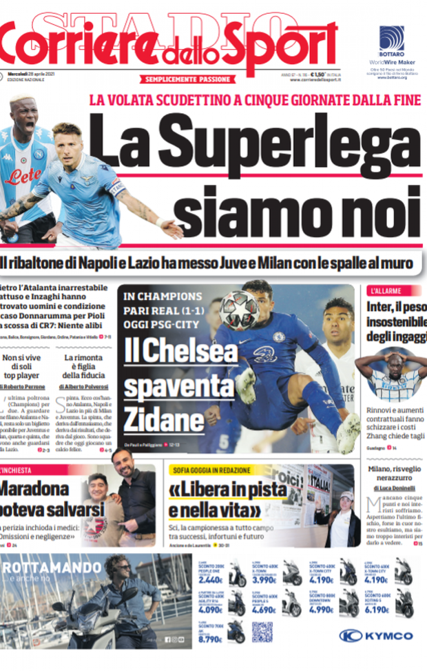 Prima Pagina, Corriere dello Sport: “La Superlega siamo noi. Inter, il peso insostenibile degli ingaggi” 