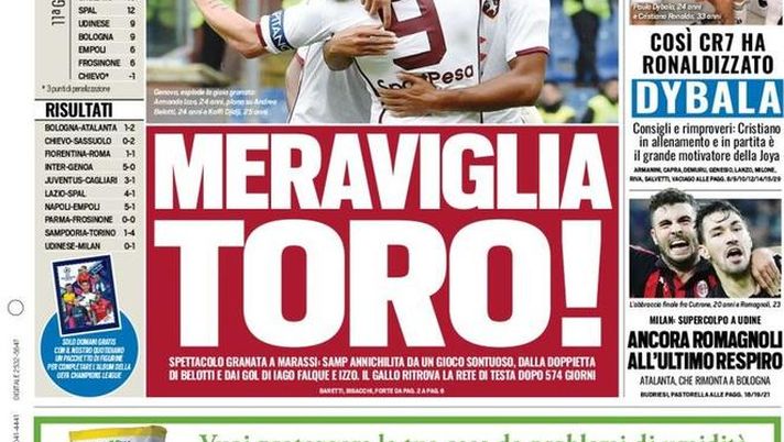 Prima Pagina, Tuttosport: “Meraviglia Toro! Così CR7 ha Ronaldizzato Dybala. Ancora Romagnoli…” Prima Pagina, Tuttosport: “Meraviglia Toro! Così CR7 ha Ronaldizzato Dybala. Ancora Romagnoli…”