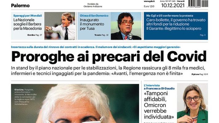Prima Pagina, Giornale di Sicilia: “La Nazionale sceglie il Barbera per la Macedonia” Prima Pagina
