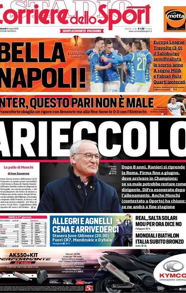 Prima Pagina, Corriere dello Sport: “Arieccolo. Bella Napoli! Allegri e Agnelli, cena e arrivederci…” Prima Pagina, Corriere dello Sport: “Arieccolo. Bella Napoli! Allegri e Agnelli, cena e arrivederci…”