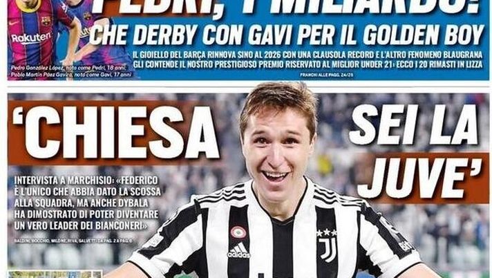 Prima Pagina, Tuttosport: “Chiesa sei la Juve. Pedri, 1 miliardo!” Prima Pagina