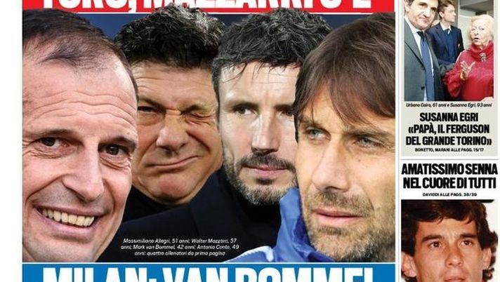 Prima Pagina, Tuttosport: “Allegri resta. Milan: van Bommel. Conte per l’Inter. Ajax scatenato” Prima Pagina, Tuttosport: “Allegri resta. Milan: van Bommel. Conte per l’Inter. Ajax scatenato”