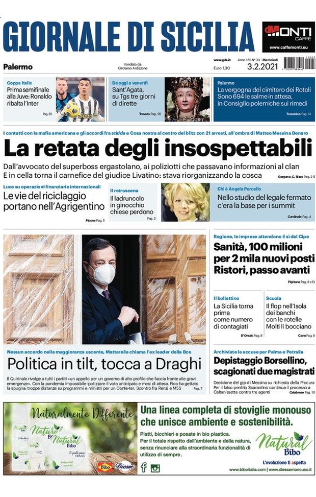 Prima Pagina, Giornale di Sicilia: &#8220;Mafia, la retata degli insospettabili. Politica in tilt, tocca a Draghi&#8221;
