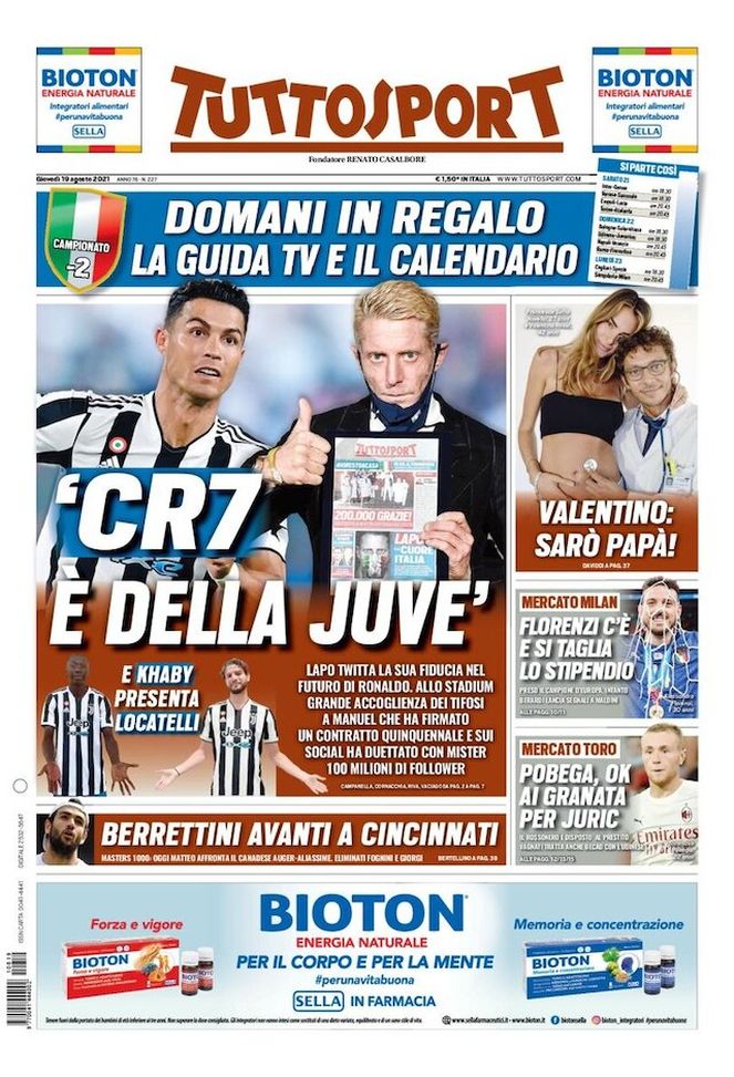 Prima Pagina, Tuttosport: “CR7 è della Juve. E Khaby presenta Locatelli“ 