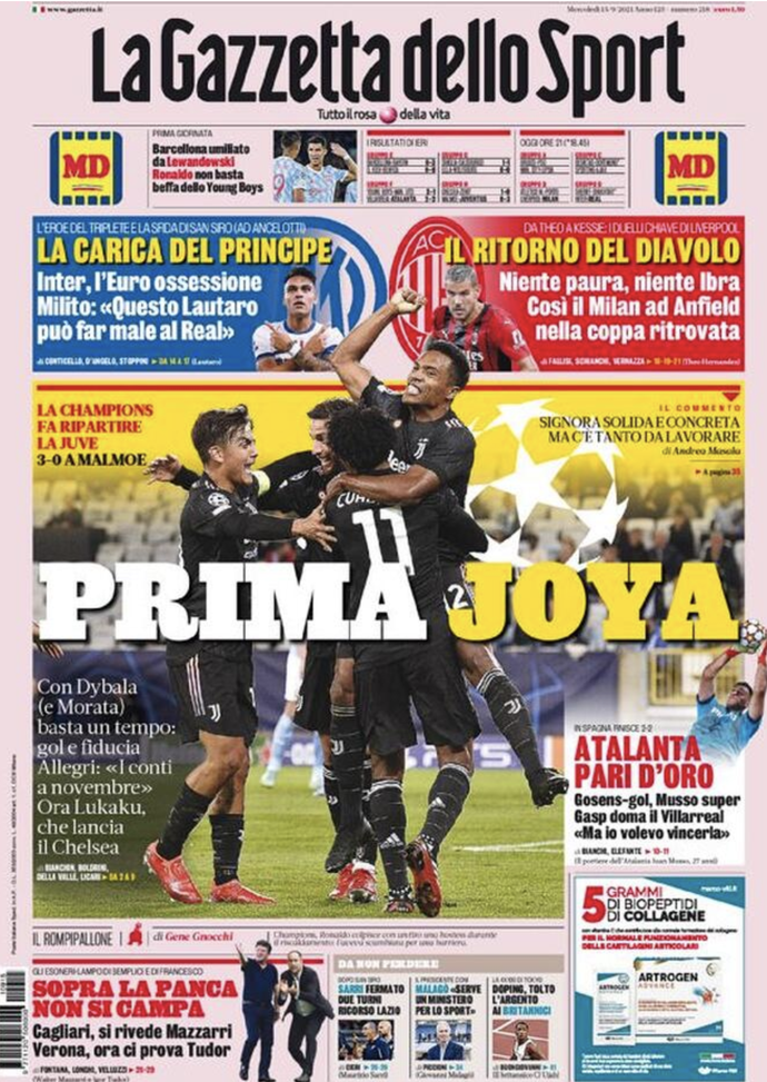 Prima Pagina, Gazzetta dello Sport: “Juventus, prima Joya. Atalanta pari d’oro” 
