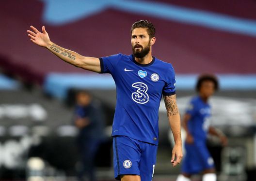LONDON, ENGLAND - JULY 01: Olivier Giroud of Chelsea reacts during the Premier League match between West Ham United and Chelsea FC at London Stadium on July 01, 2020 in London, England. Football Stadiums around Europe remain empty due to the Coronavirus Pandemic as Government social distancing laws prohibit fans inside venues resulting in all fixtures being played behind closed doors. (Photo by Julian Finney/Getty Images) LONDON, ENGLAND - JULY 01: Olivier Giroud of Chelsea reacts during the Premier League match between West Ham United and Chelsea FC at London Stadium on July 01, 2020 in London, England. Football Stadiums around Europe remain empty due to the Coronavirus Pandemic as Government social distancing laws prohibit fans inside venues resulting in all fixtures being played behind closed doors. (Photo by Julian Finney/Getty Images)